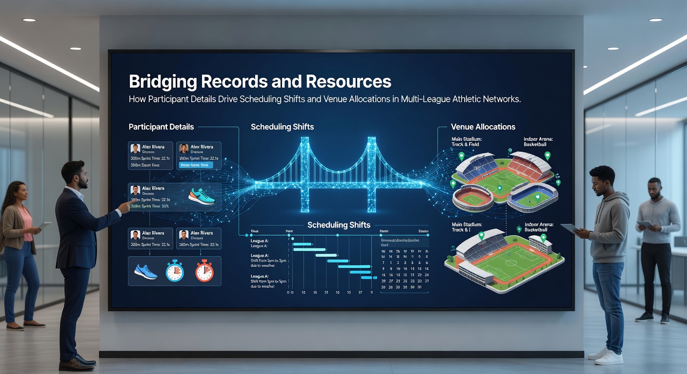 Database interface showing participant profiles connected to league schedules and facility maps in a multi-league athletic network