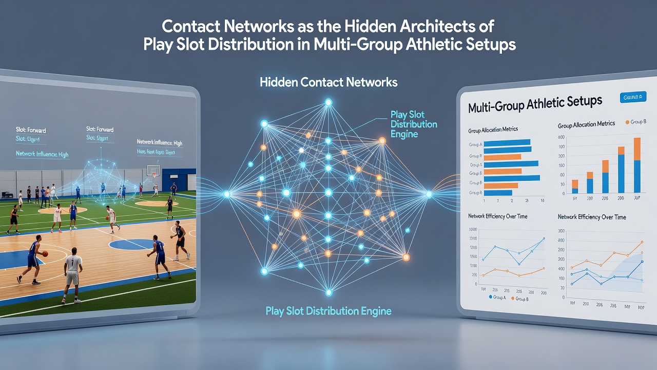 Network graph illustrating how information flows between multiple athletic groups and venue staff to influence time slot assignments