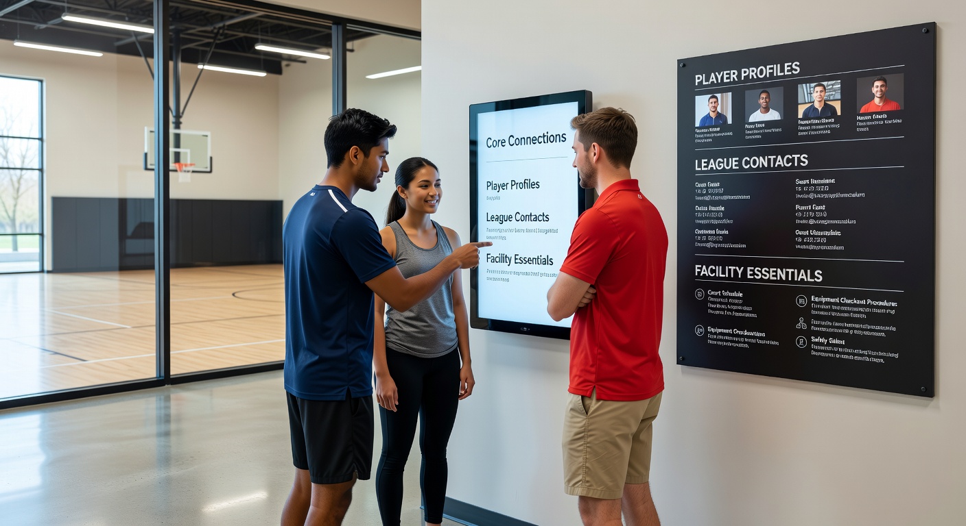 League organizers reviewing facility checklists on tablets during a setup for an amateur volleyball tournament