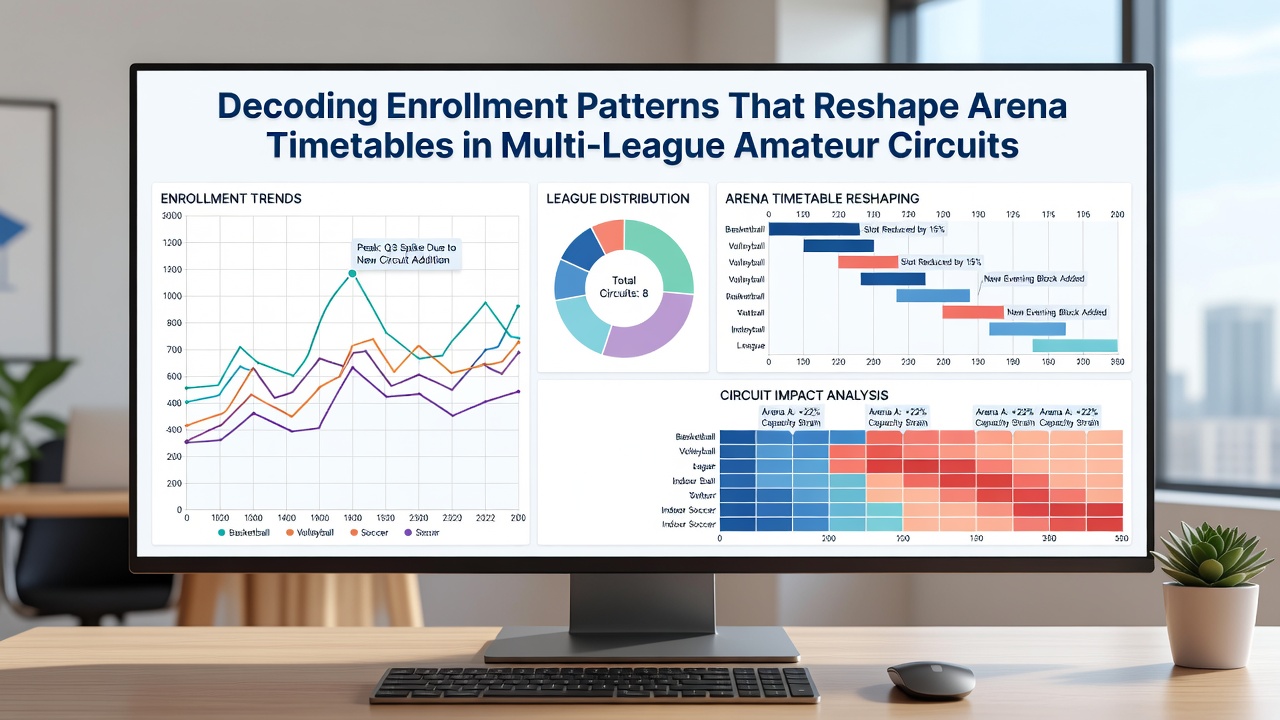 Arena floor plan illustrating how enrollment-driven changes redistribute court usage across concurrent amateur leagues