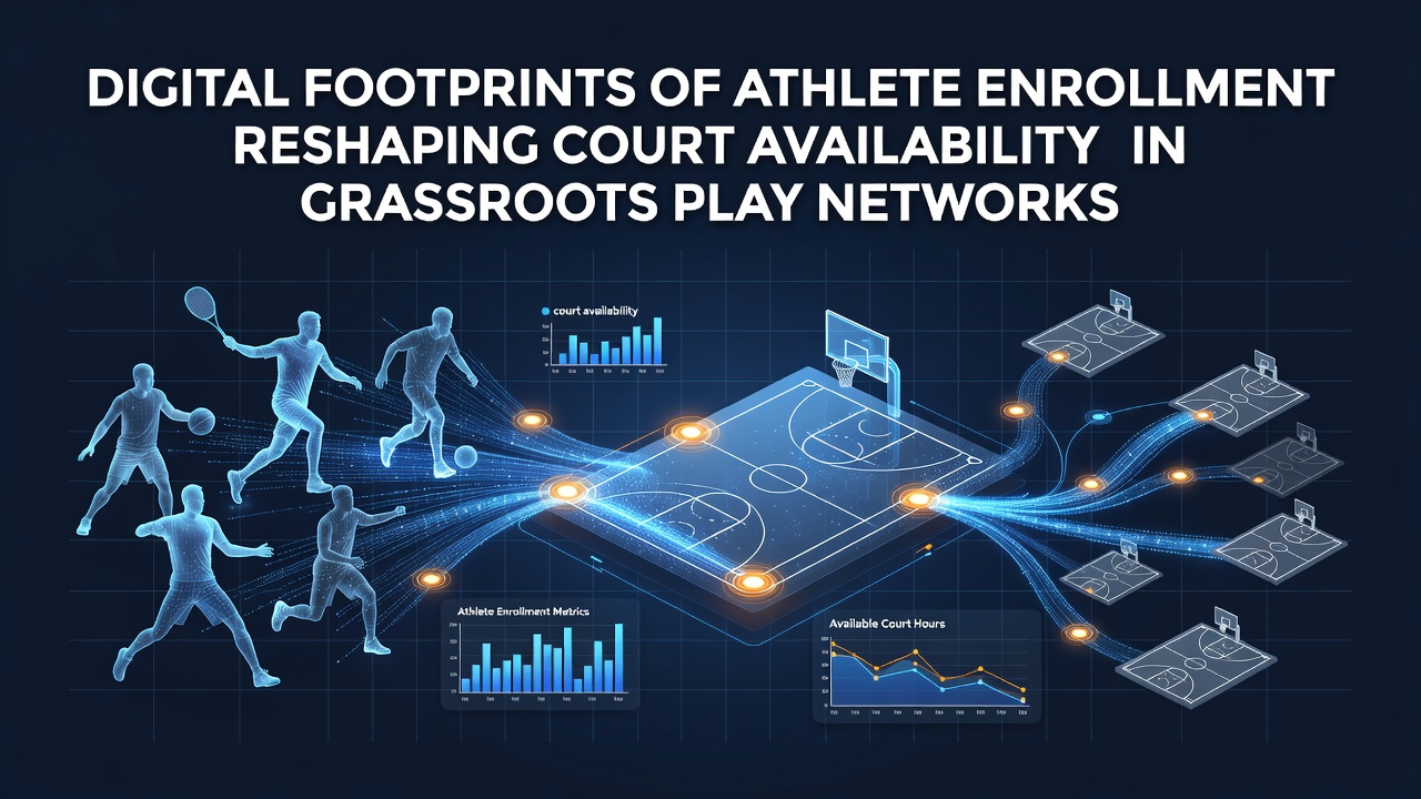 Digital registration interface showing athlete enrollment data flowing into community sports court scheduling systems
