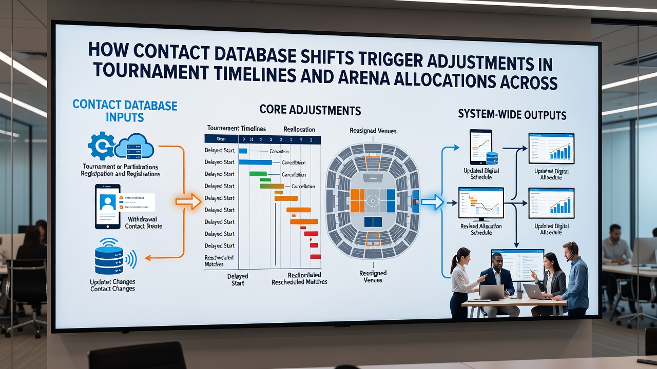 Arena allocation map displayed on a coordination screen showing venue reassignments after contact database synchronization
