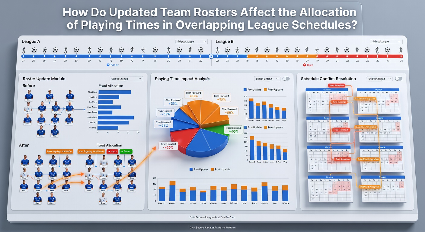 Coaches reviewing roster changes and playing time charts for overlapping league matches