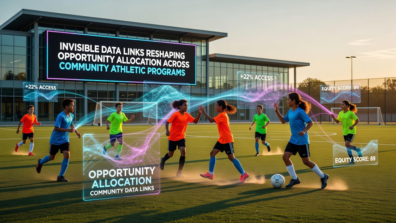 Network visualization showing interconnected data streams linking player registrations, facility schedules, and resource distributions in community sports programs