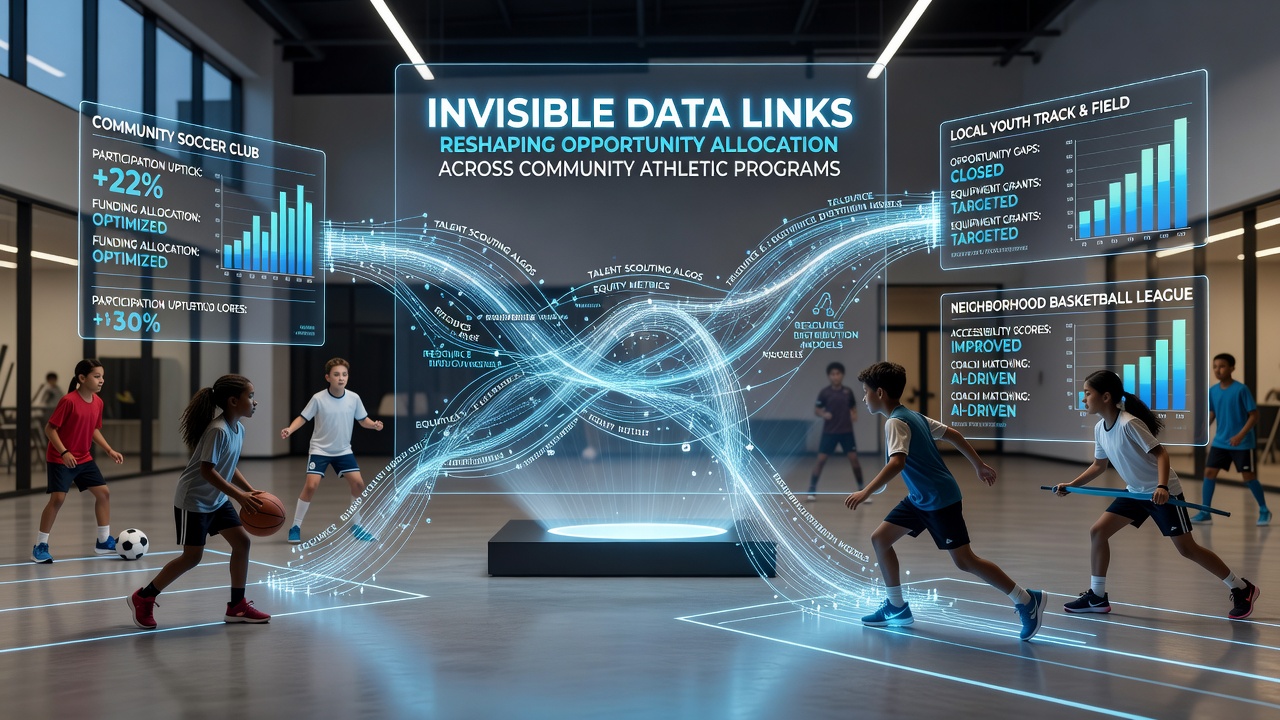 Dashboard interface displaying live data connections between community sports registrations, venue calendars, and automated resource assignments