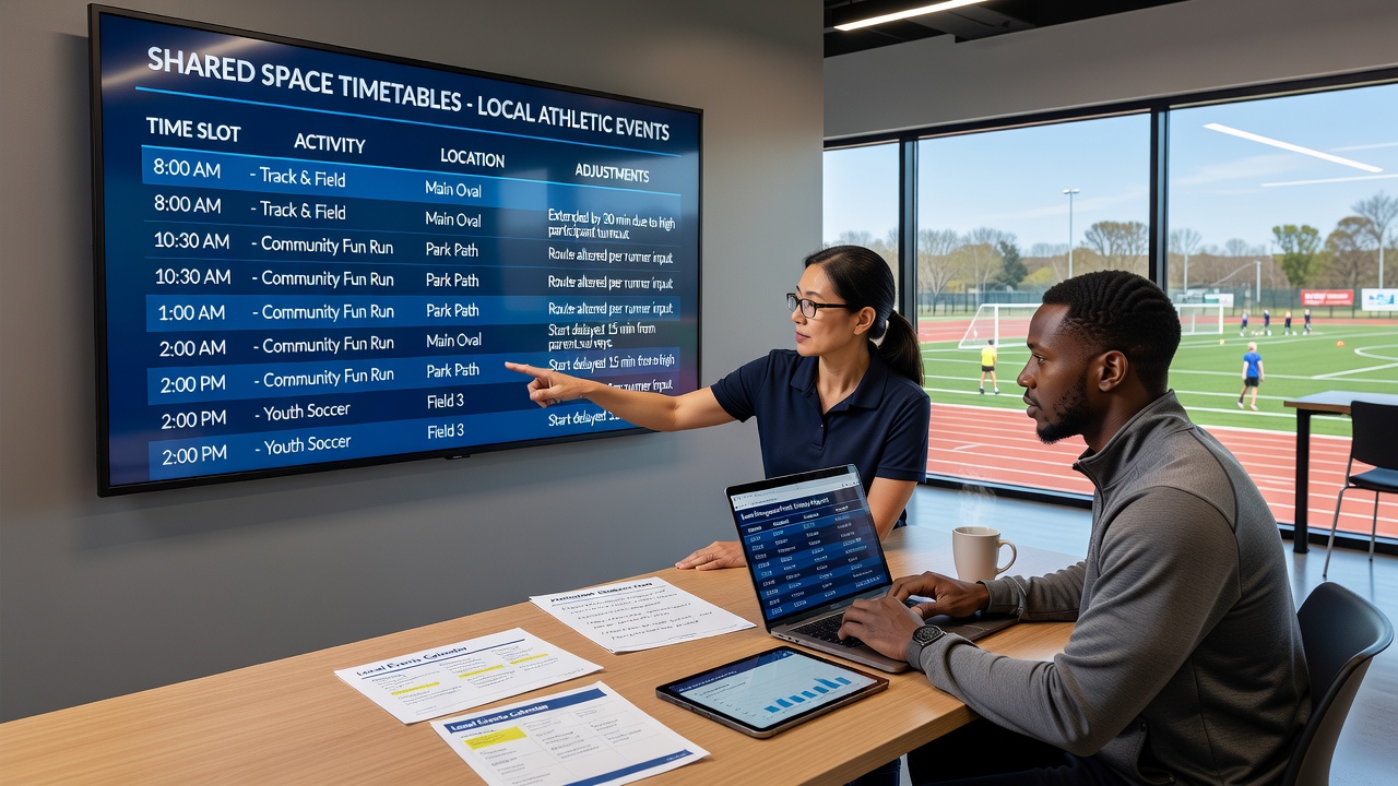 Community sports organizers reviewing participant registration data on tablets at a shared athletic facility
