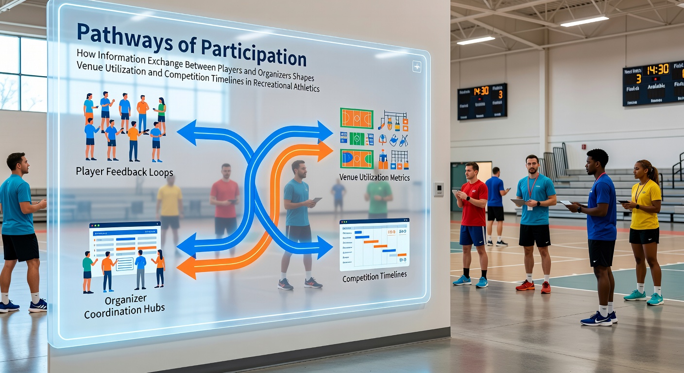 Players and organizers exchanging scheduling details at a community sports facility during a recreational league meeting