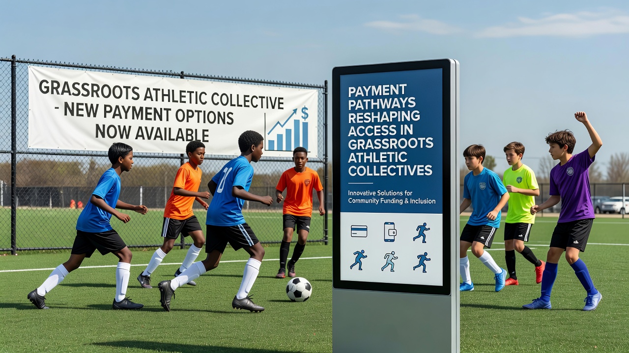 Secure transaction flows between athletes and community sports organizations displayed on tablet interfaces during registration events