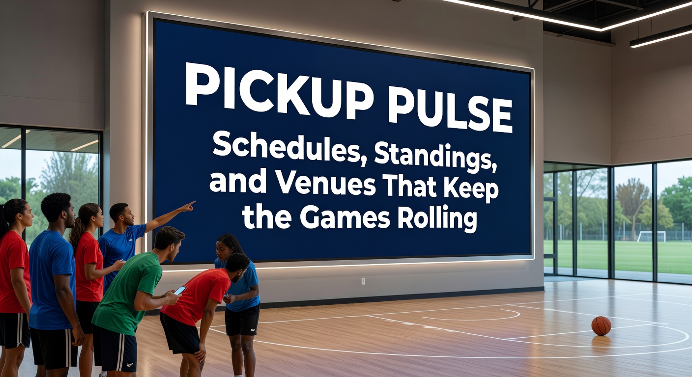 Players checking schedules on a mobile app during a pickup basketball game at a local park, with standings displayed on a nearby scoreboard