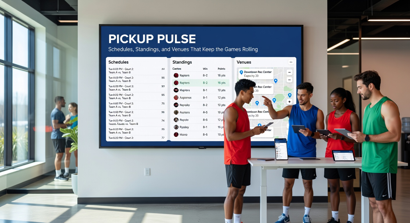 A diverse group of athletes reviewing venue maps and standings on tablets before a pickup soccer match at a floodlit community field