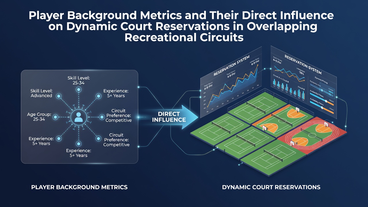 Data dashboards displaying player background metrics including skill levels, participation history, and location details that feed into court reservation systems for overlapping recreational circuits