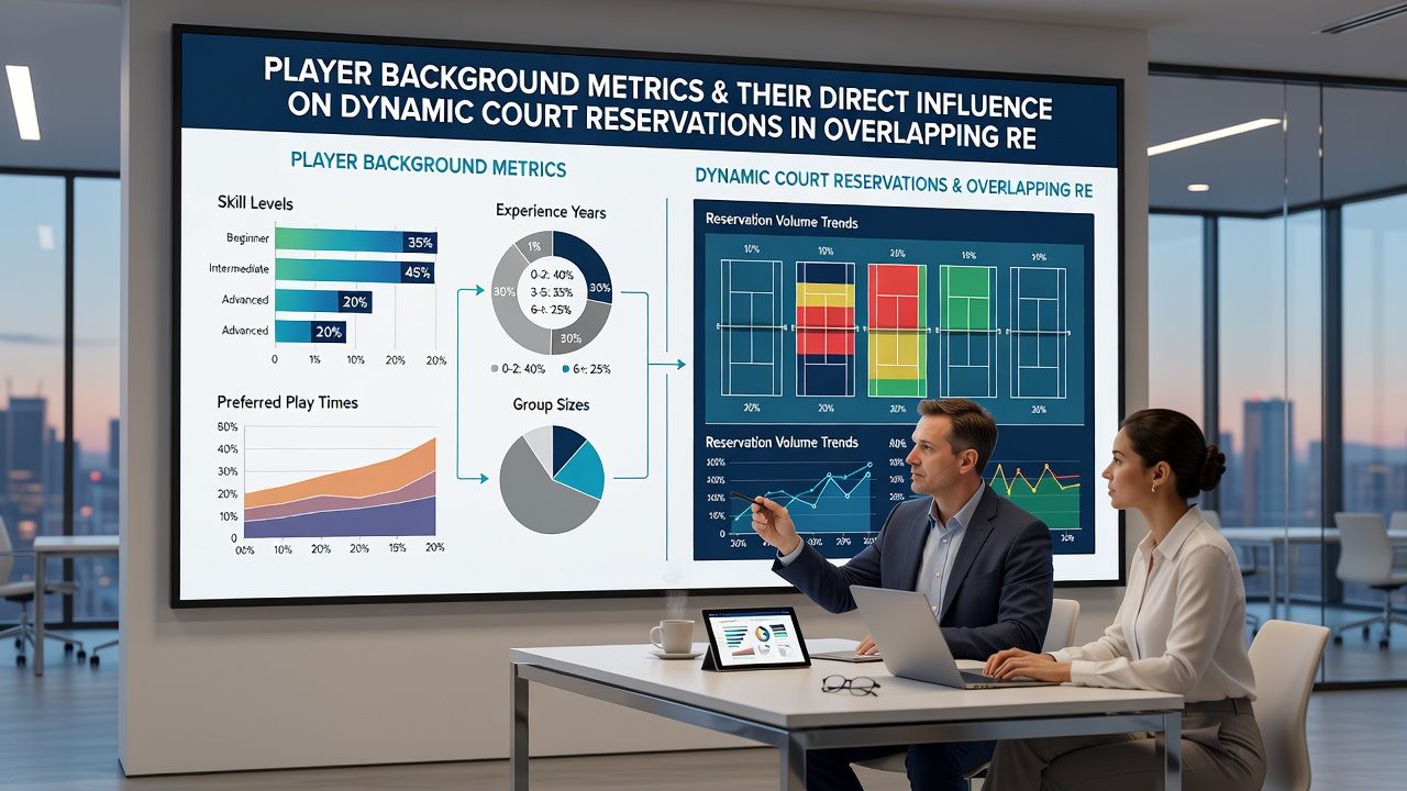 Coaches and organizers reviewing reservation calendars on tablets, illustrating how player metrics drive adjustments in court bookings across interconnected recreational leagues