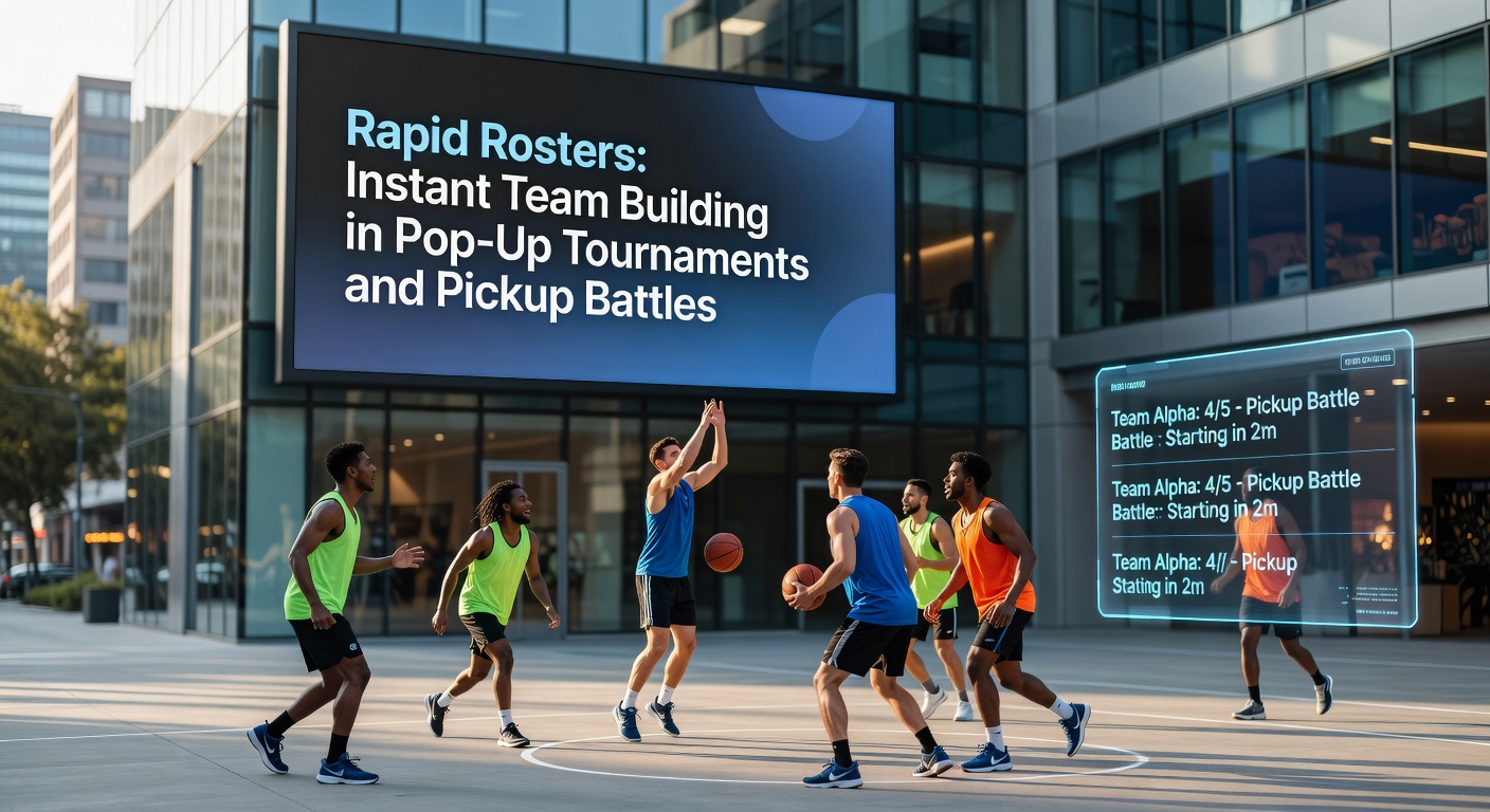 Diverse group of athletes quickly assembling teams on a sunny urban court for a spontaneous pickup battle, showcasing rapid roster formation in action
