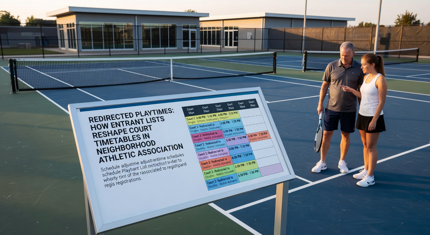 Community sports coordinators reviewing entrant lists to adjust court schedules