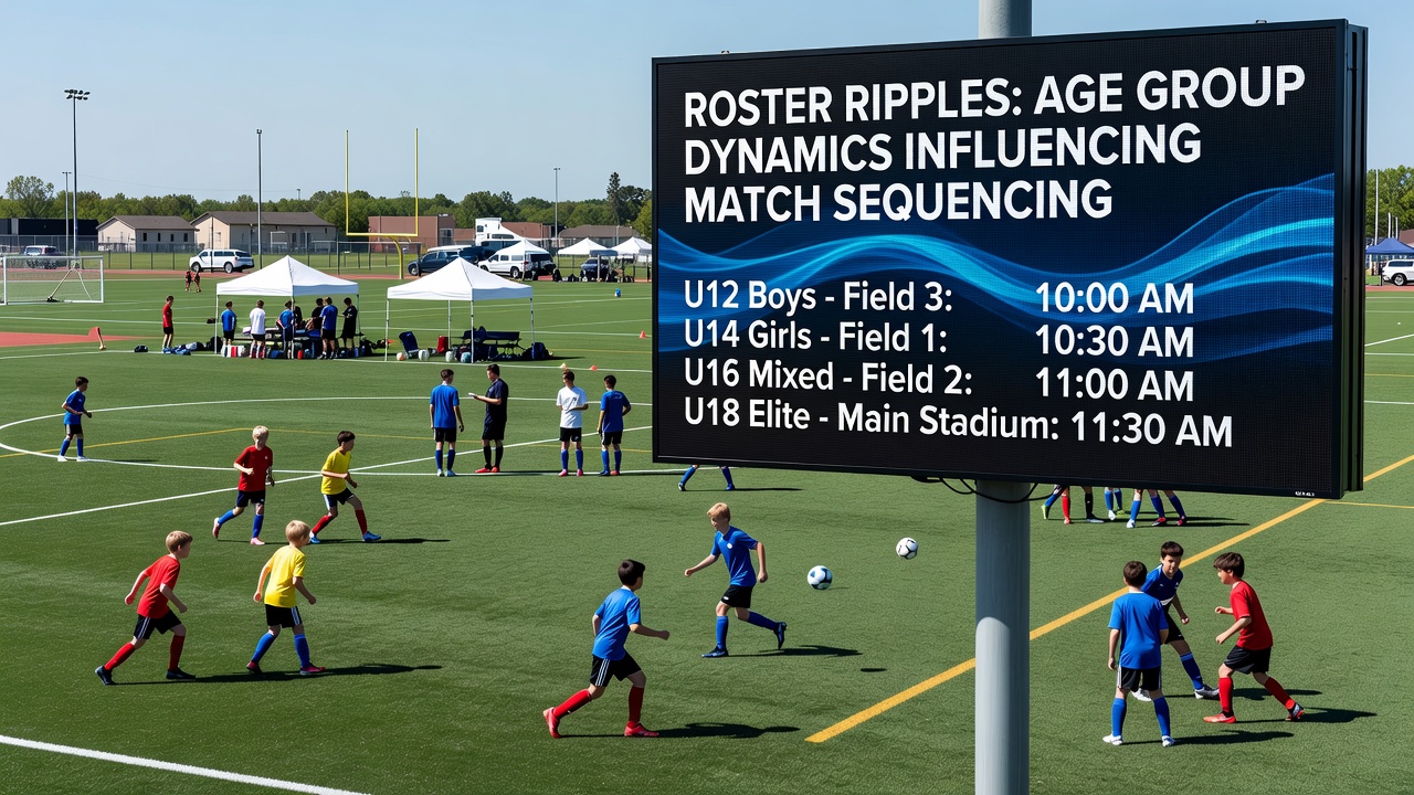 Coordinators reviewing digital schedules on tablets while age-diverse teams wait near crowded athletic fields