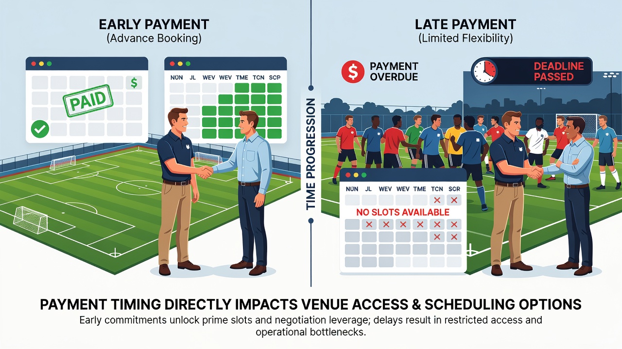 Venue staff coordinating calendar adjustments with league representatives after payment confirmations arrive