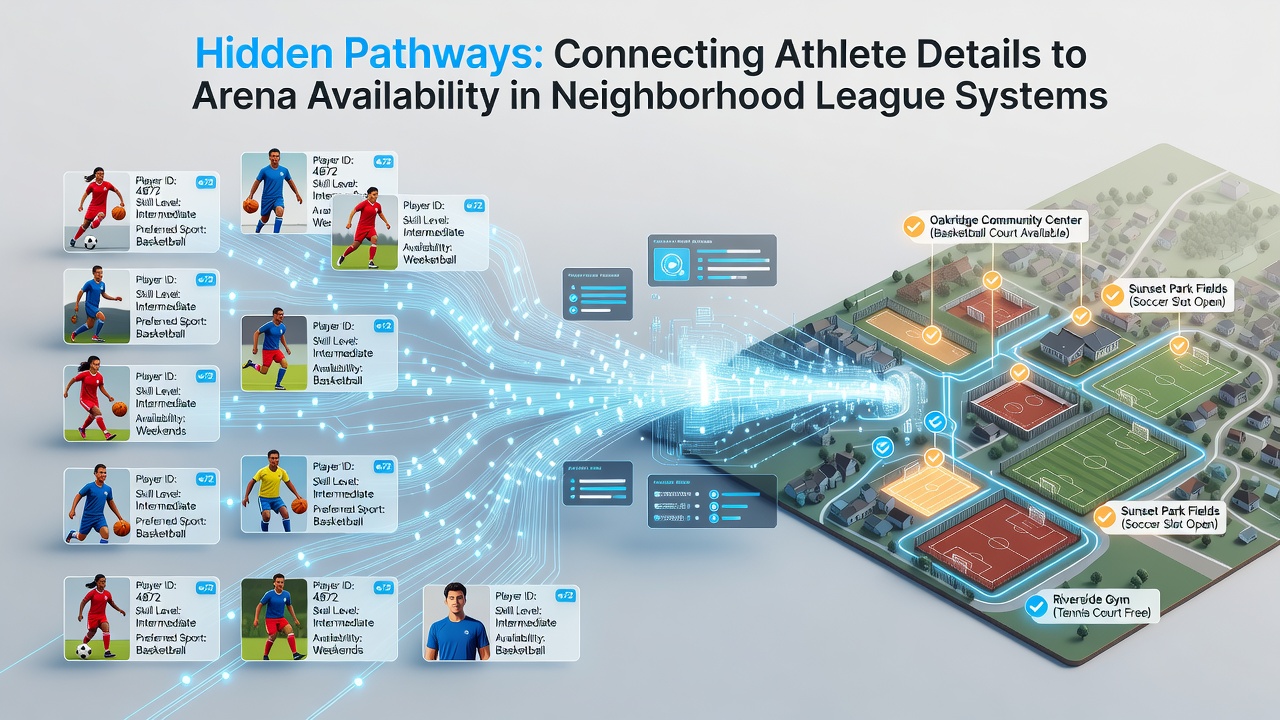 Digital dashboard showing athlete profiles linked to arena booking systems in a neighborhood sports facility