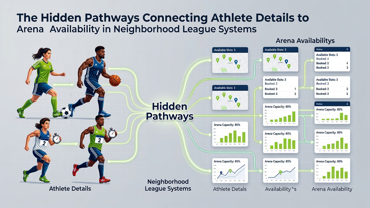 Community sports arena with digital scheduling boards displaying updated availability based on league registrations