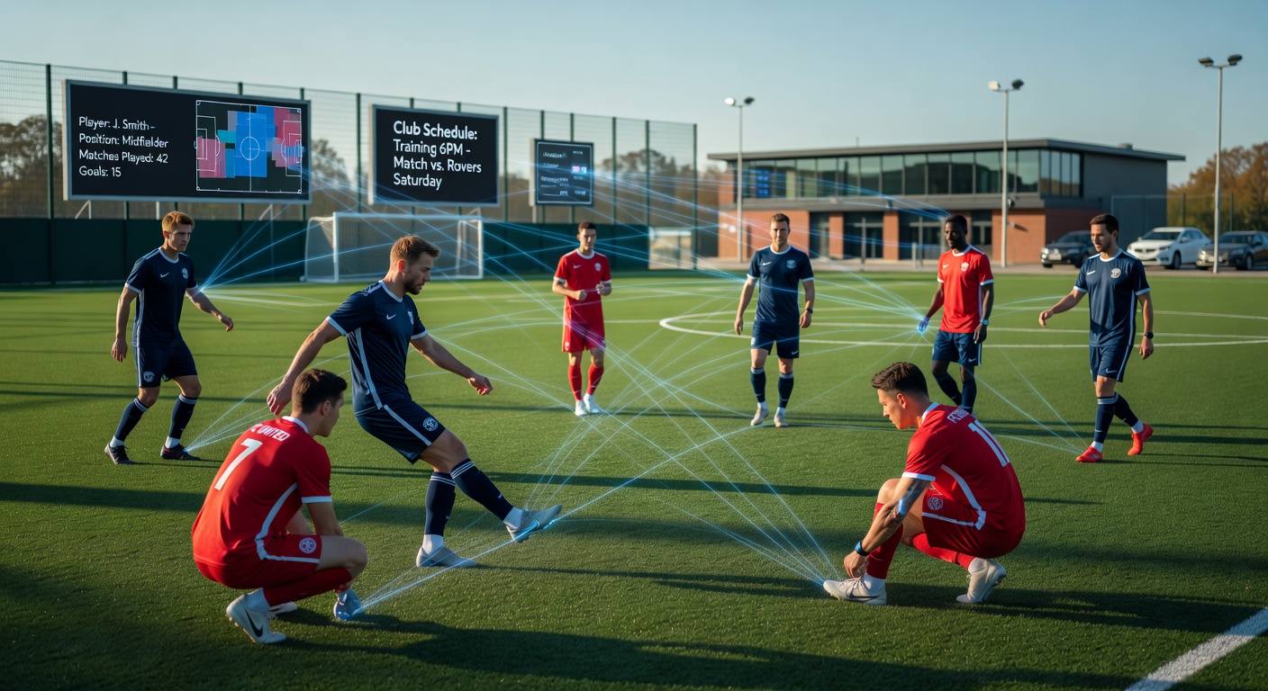 Sports club coordinator updating field status on a digital dashboard while players warm up nearby