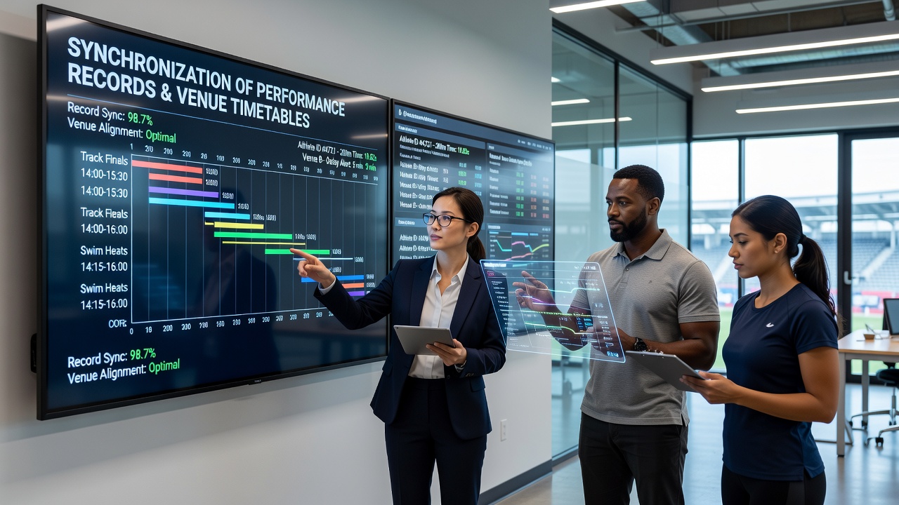 Integrated digital displays showing synchronized athlete performance metrics and venue booking schedules in a multi-sport facility