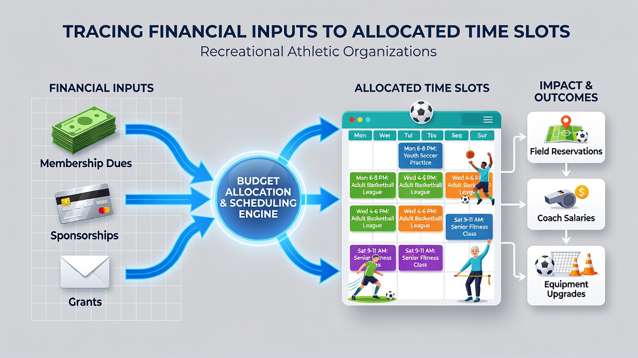 Spreadsheet view of budget allocations matched to weekly court reservations in a recreational sports league office