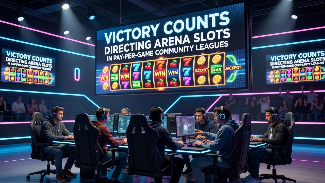 Community league players competing on an indoor arena court with victory tallies displayed on digital boards directing slot assignments