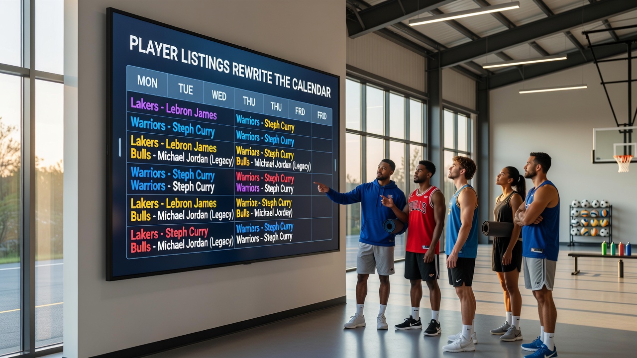 Shared sports facility with updated player listings displayed on digital boards affecting court schedules