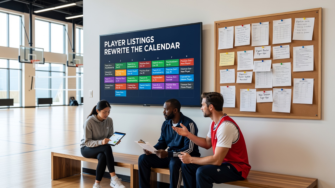 Facility coordinator reviewing digital player listings and adjusting shared venue timetables on a tablet